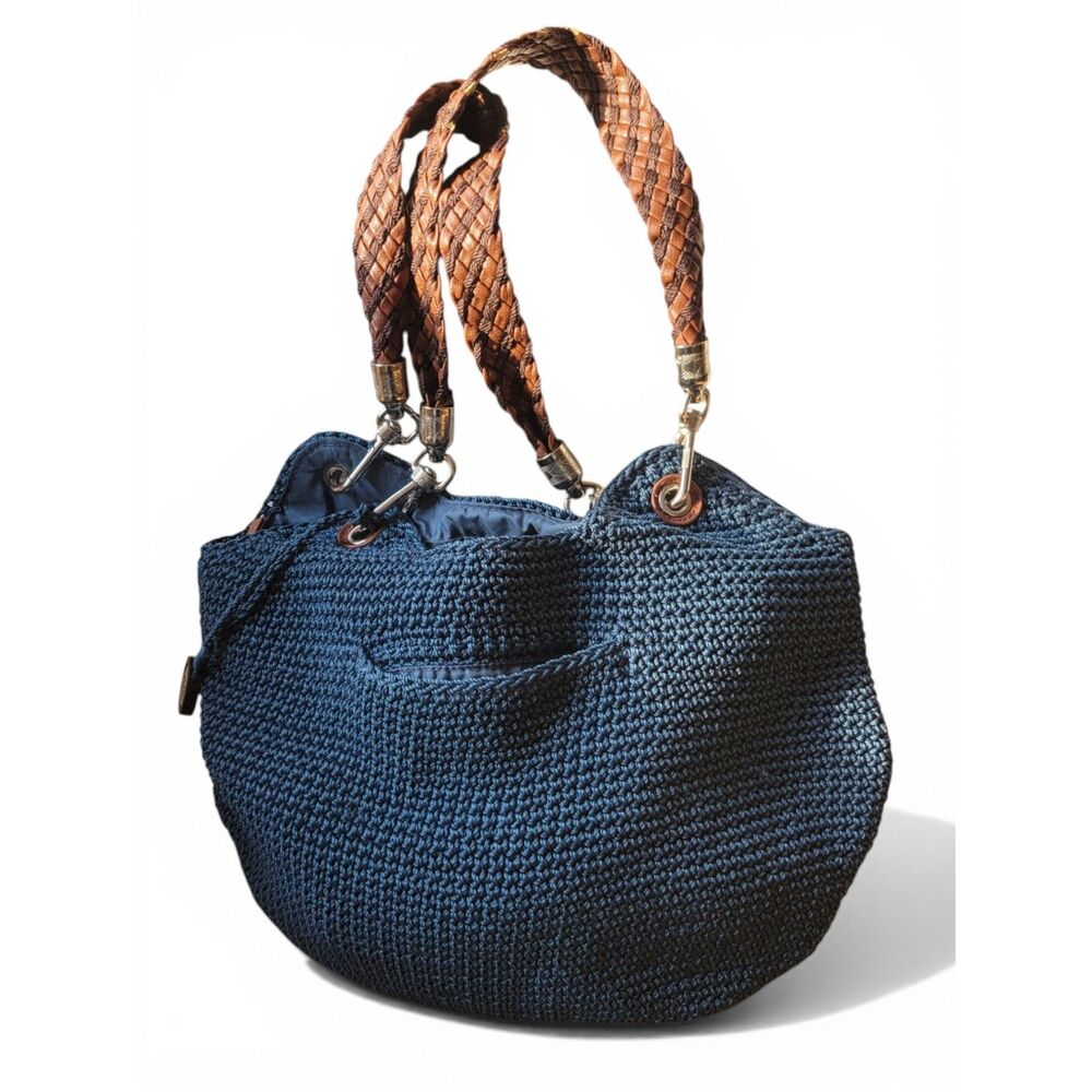 The Sak Crochet Hobo Bag Braided Handle Zip Pocket Silver Boho Slouchy Navy